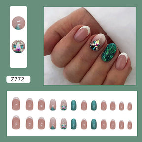 Oval French Nails, Noble Emerald Green with Crystal Studs