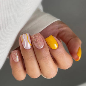 Sparkling Striped Vibrant Orange European Square Mid-Length Nails