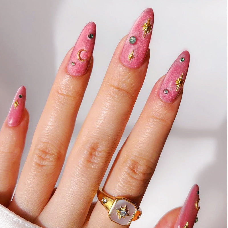 Almond Shape 3D Starry Sky Pink Desire Nails