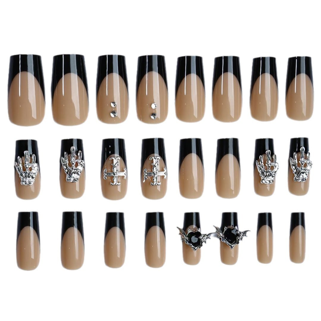 Black French Edge Mid-Water Pipe Nails with Butterfly and  Rhinestones