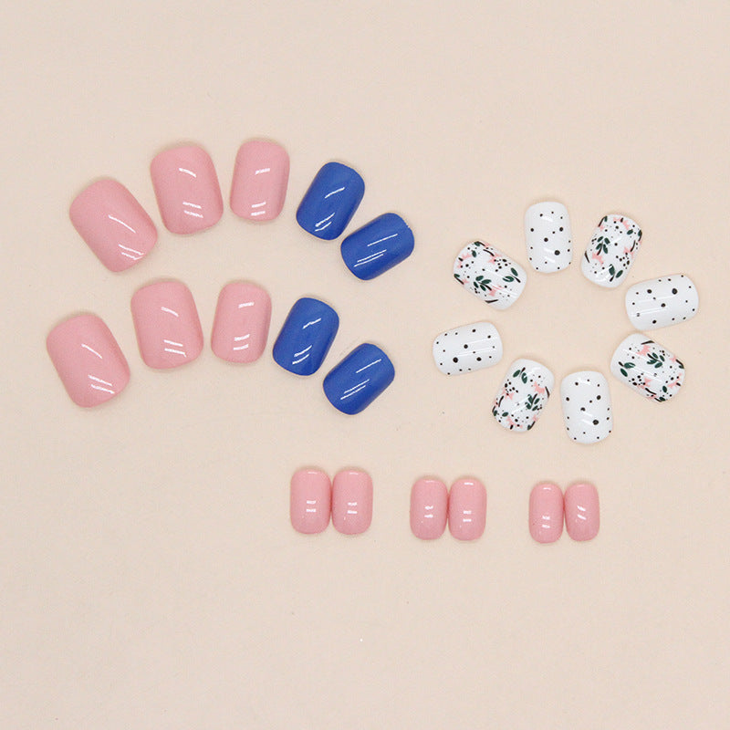 Pink Blue Duo-Tone Nails Retro Floral Dots Fake Nails Short Unique Luxury Euro Wearable Nails