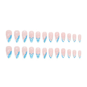 Cool Summer Lake Blue Heart French Almond Nails Ins-Style