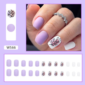 Short Matte Solid Fall Nails - Pink Purple White Leaf Silhouette