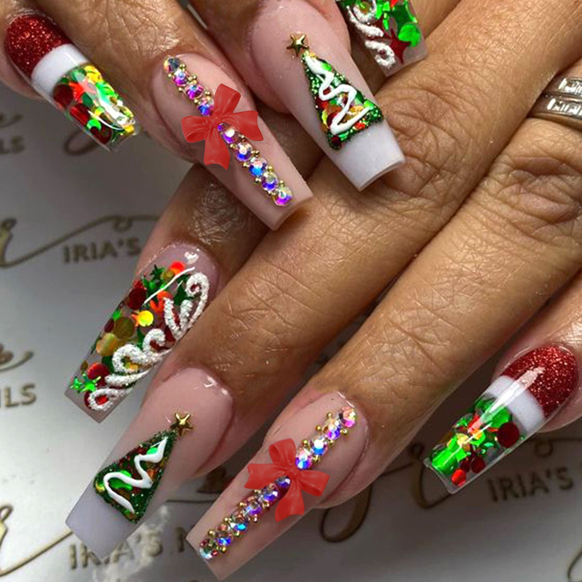 3D Bow Christmas Tree Nail Tips