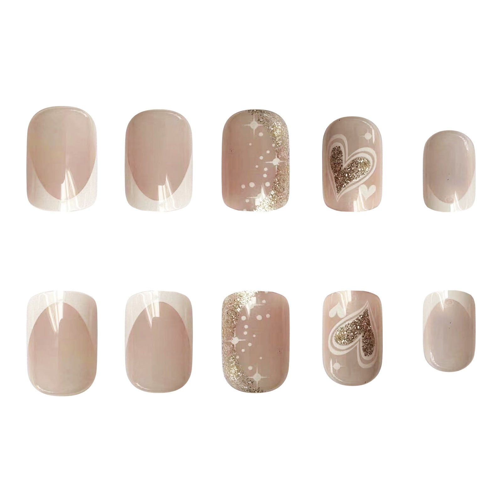 White French Square Nails with Gold Glitter Heart Design