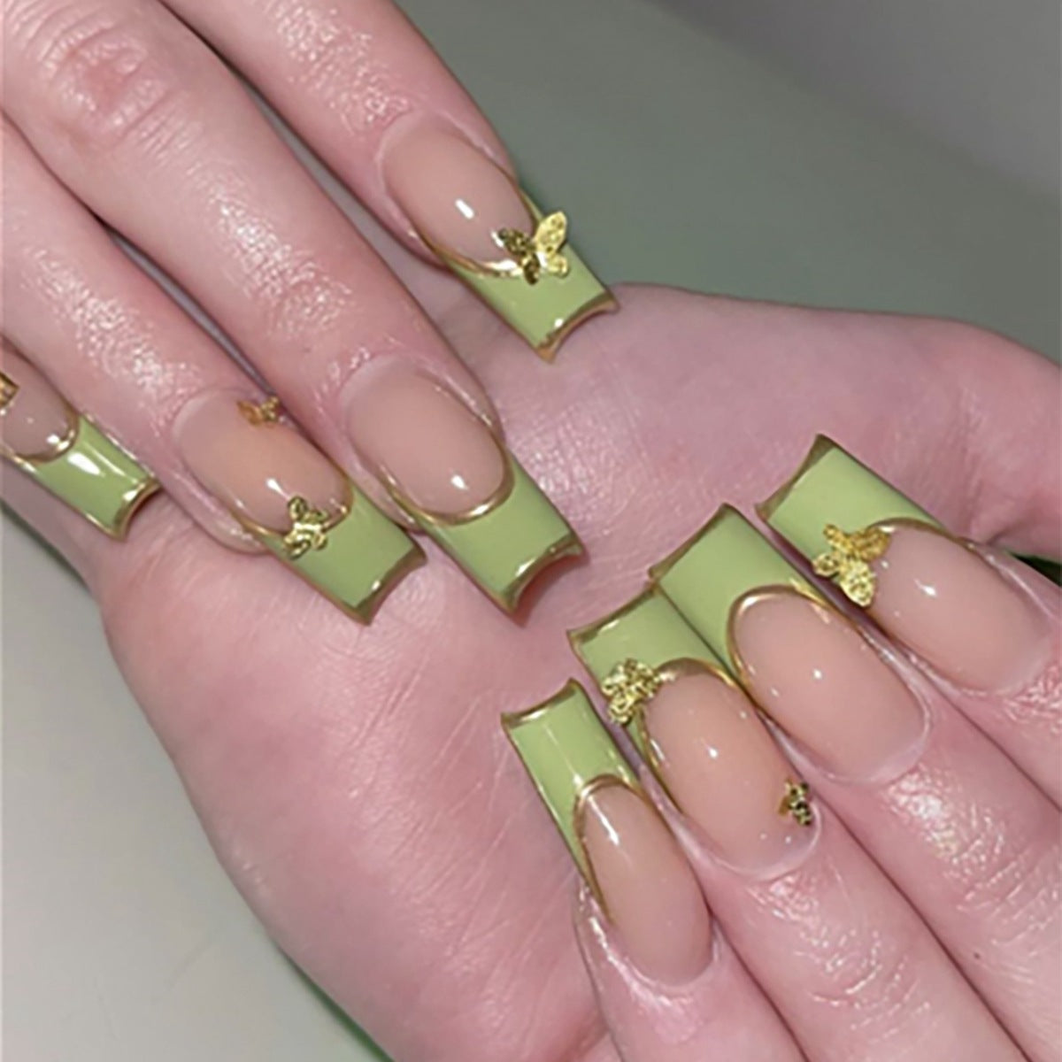 Chic Green Gold Bow Nail Extensions, French Style