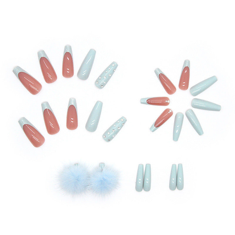 Cute Blue Fur Ball Ballet Fall Nails - Removable Acrylic Nail Tips