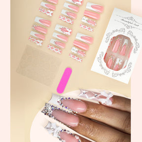 New Arrival French Long Nails - Diamond Bow, Sweet Style