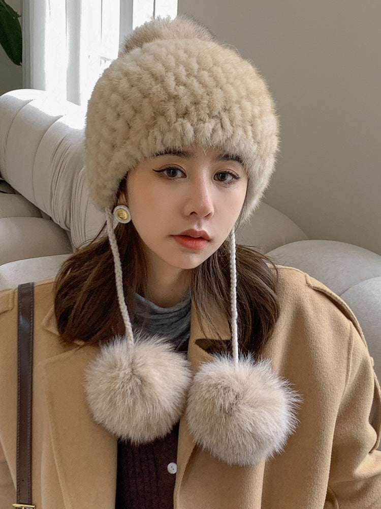 Winter Fox Pom Pom Mink Fur Hat for Women