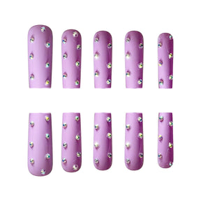 Charming Purple Tube Long Square Press-On Nails, Punk Rhinestone