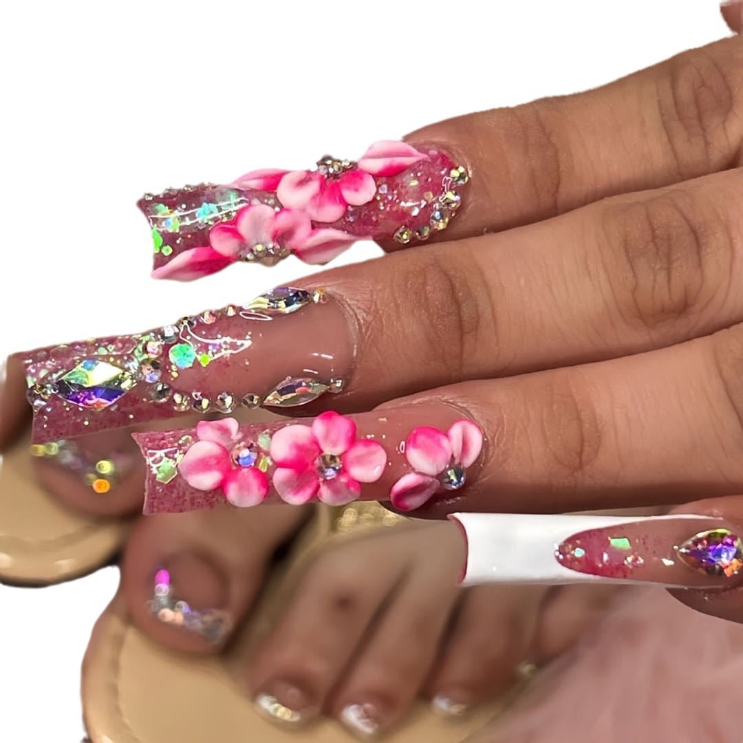 Sexy Red Nails with Pink Flowers and Sparkle