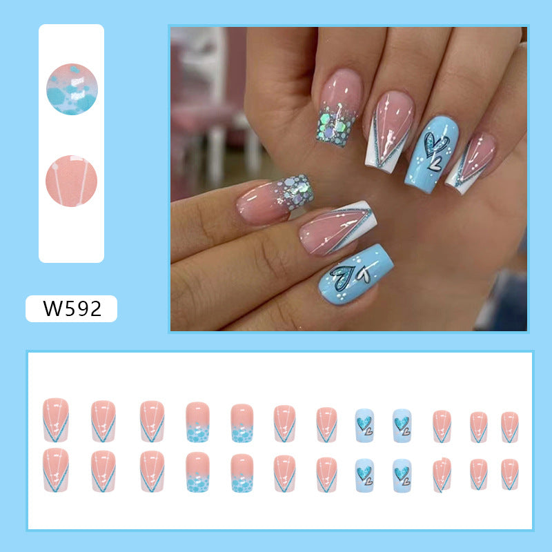 Fresh Blue Heart Glitter Nails Mid-Length Euro Square Sweet Cool Wearable Nails