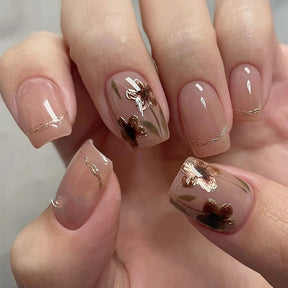 Yiwu Nude Flower Nail Art Tips with Gold Lines, Wearable Nails