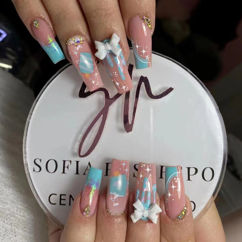 Cute Ice Cream Summer Fall Nails - Sweet Bow and Diamond