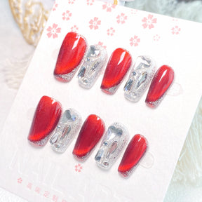 Chic Handmade Simple Burgundy Flash Diamond Fall Nails, Versatile and Popular Nail Patches