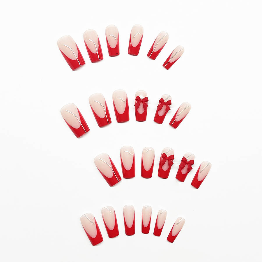 Red French Nails with 3D Bow, Removable & Stylish