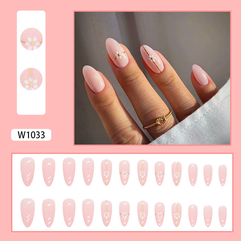 Simple Gold Line Flower Nails Round Almond Pink Sweet 24 Pieces