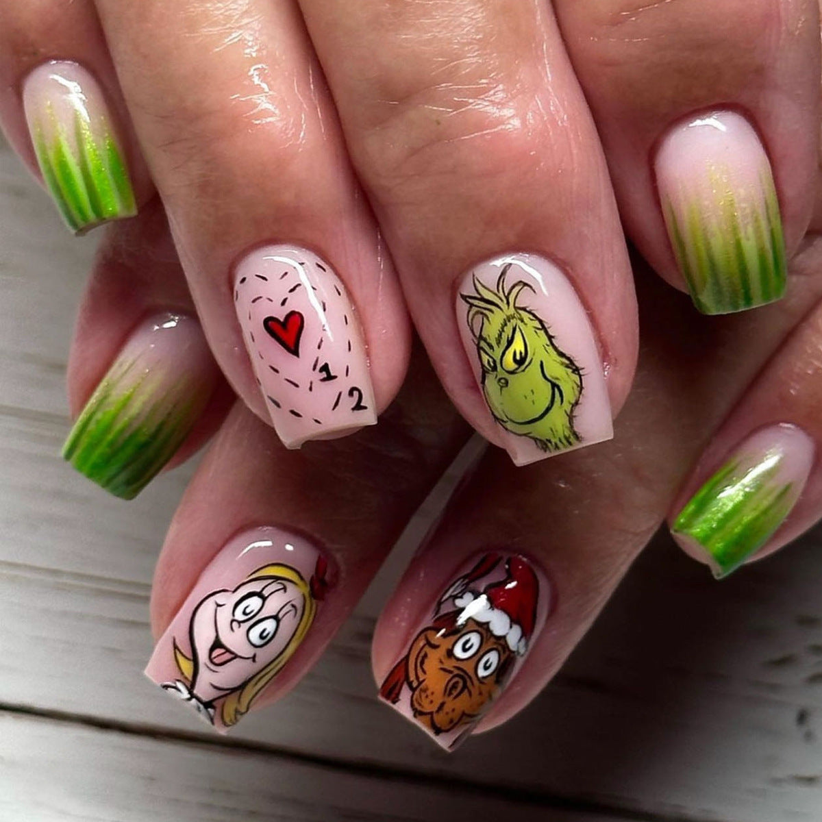 Christmas Short Square Grinch Green Gradient Cute Nail Tips