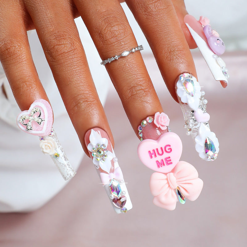 Handmade Nail Tips with Bows, Hearts, and Rhinestones