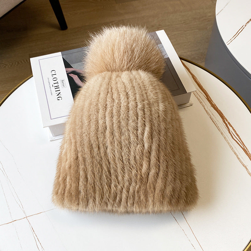 Winter Fox Pom Pom Mink Fur Hat with Ear Protection