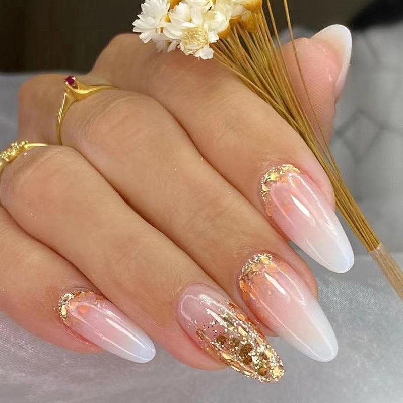 Simple Pure Desire Almond Nails Sparkling Gold Powder Gradient Euro Ins Style Fake Nails