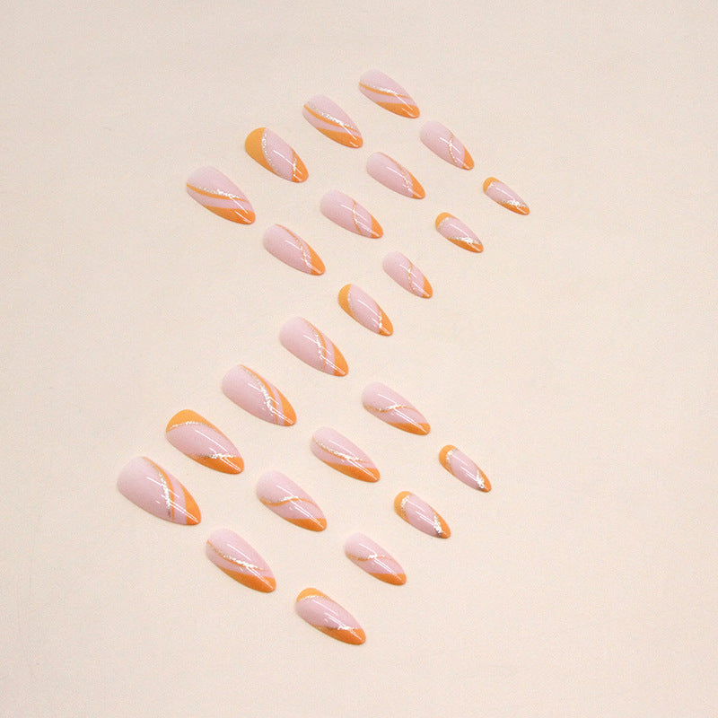 Almond Nails Super Glitter Lines Orange French Edge Fashionable Fake Nails Wholesale