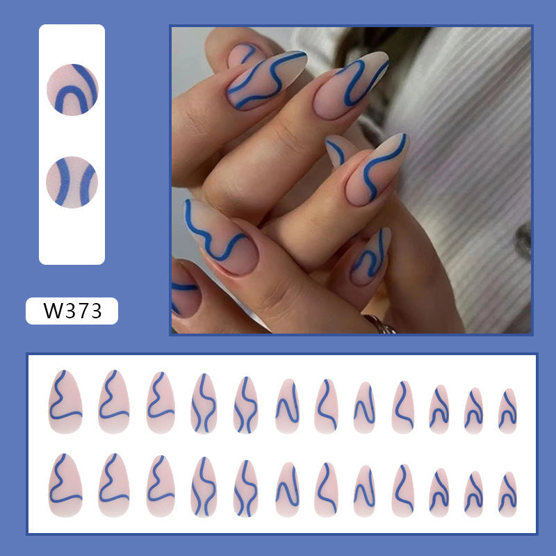 Matte Almond Nails with Sea Blue Stripes, Minimalist Design