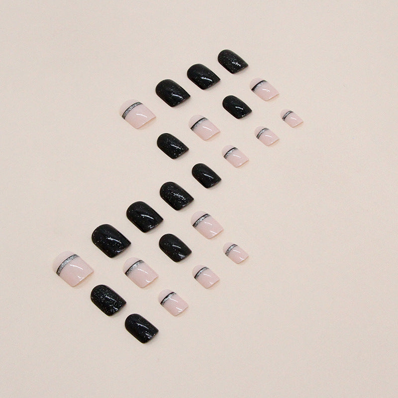 Short Square Flashy Solid Color Line Nails, Black and Pink