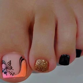 Black & Pink Butterfly Nails - Shiny Glitter, French Tip, Toe