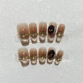 Chic Handmade Crystal Cat Eye Fall Nails, Simple and Versatile Short Nail Patches