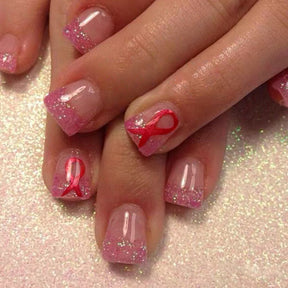 Short Shiny Square French Pink Ribbon Removable Nails