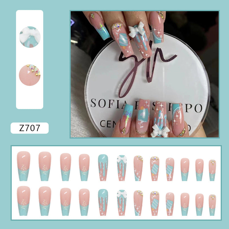 Cute Summer Ice Cream Nails, Sweet Bow and Rhinestone