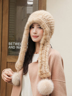 Warm Faux Mink Fur Hat with Fox Pom Pom