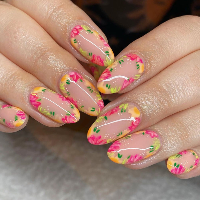 Oval Round Spring Summer Colorful Flower Nails Ins-Style Sweet