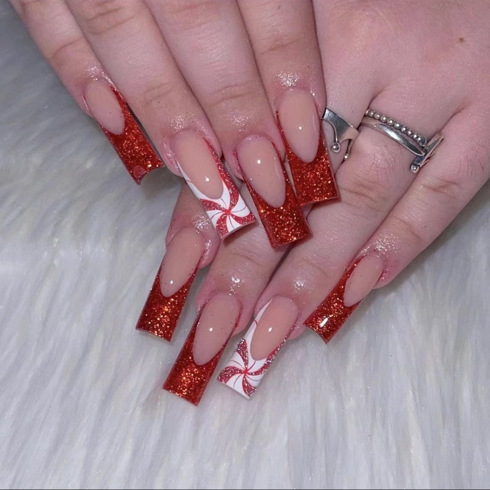 Christmas Red White Spiral Glitter Pearl Nails