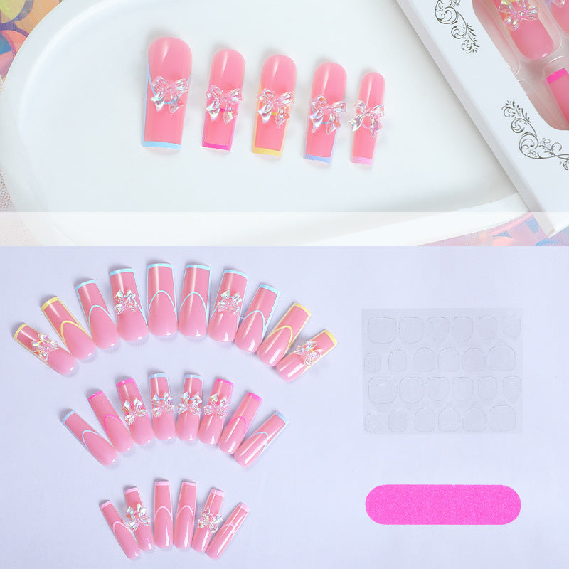 Long Water Pipe Pink Nails with Bow Decorations