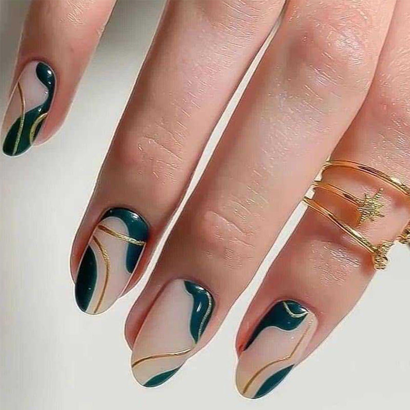 Elegant Green Almond Shape Removable Nail Wraps for Fall Nails