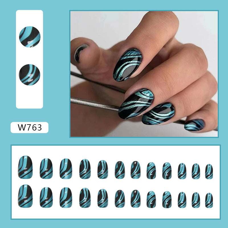 Aurora Blue Wave Oval Nails - Ins Style, Sweet & Cool