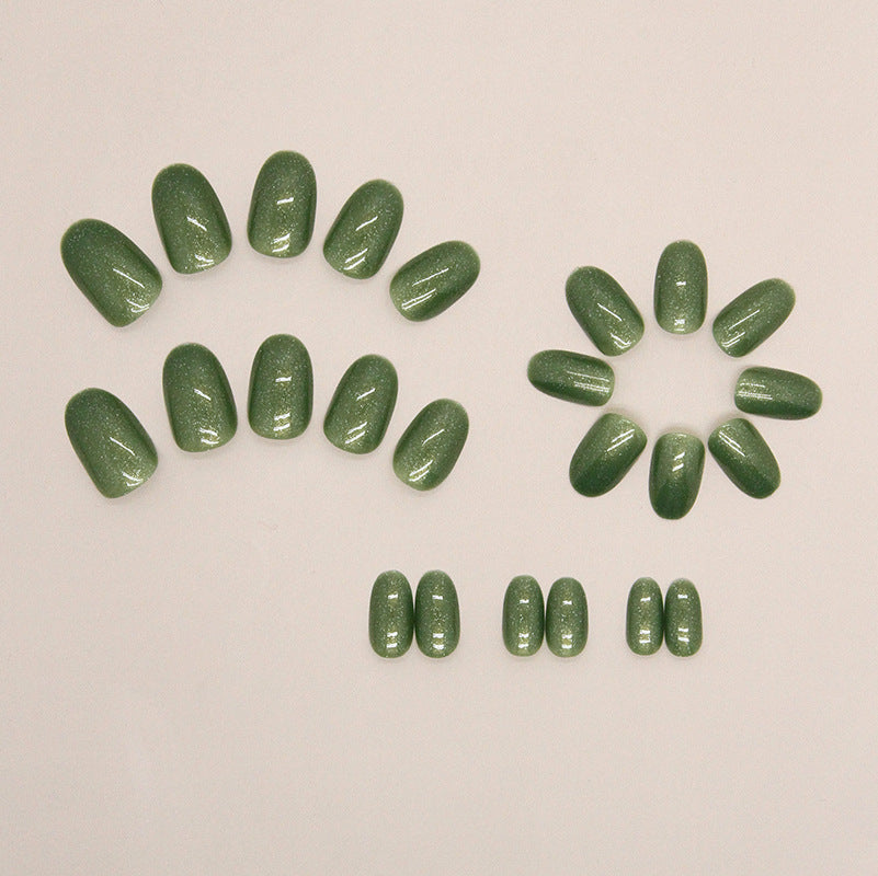 Shiny Natural Green Forest Nails, Oval Shape Ins Style