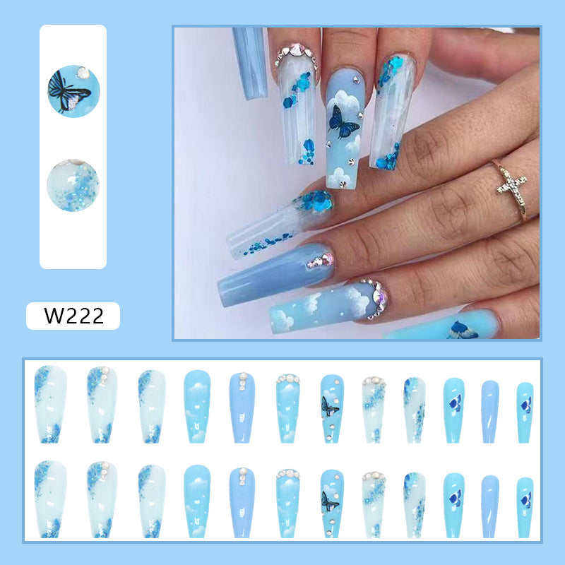 Blue Ice Butterfly Diamond Long Wearable Nails