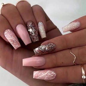 Long Flashy Champagne Ballet Marble Nails, Ins Style Wholesale