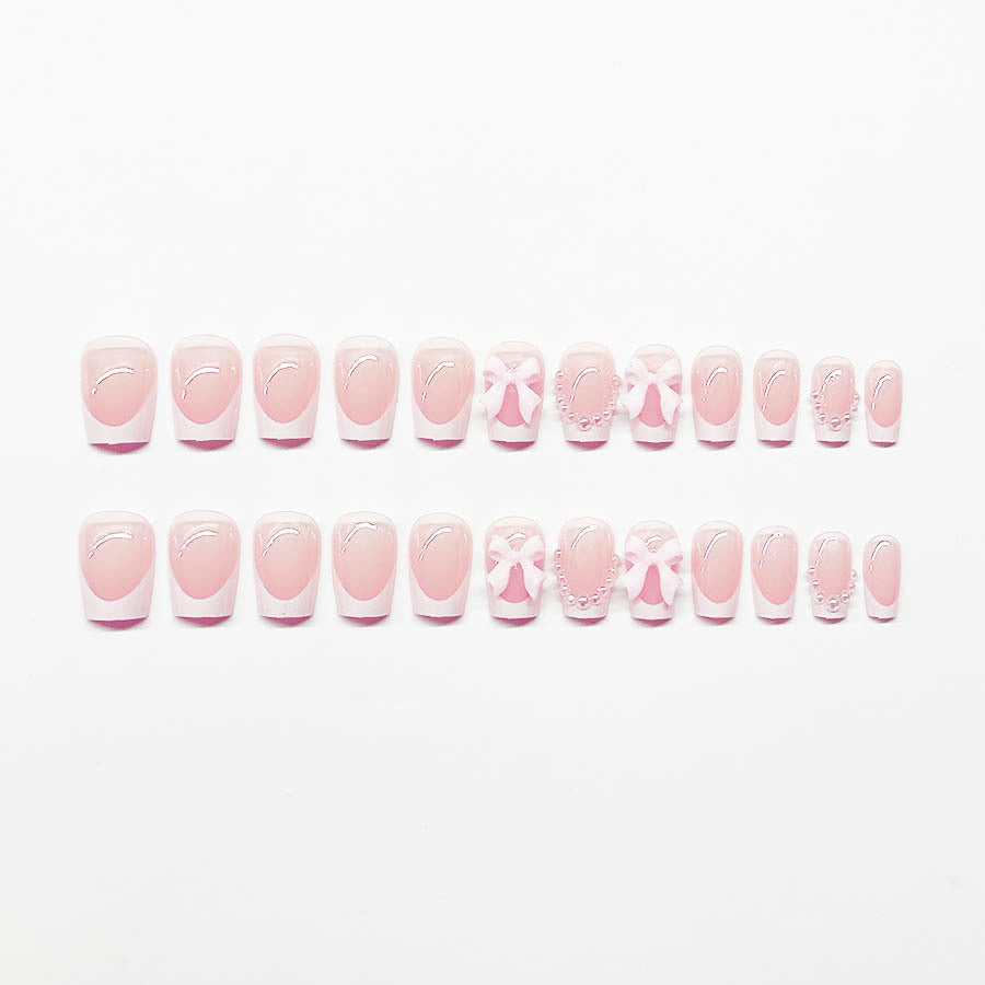 Short White French Pink Bow Nail Tips