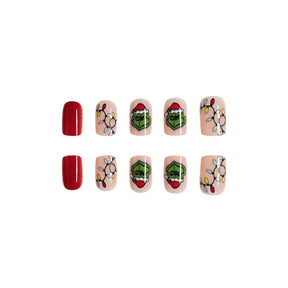 Short Shiny Grinch Christmas Red Hat Green Vines Fall Nails - 24 Pieces