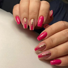 Short Rose Ballet Nails with Flashy Gold Glitter, Sweet and Edgy