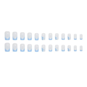 Simple Sky Blue French Nails with Diagonal Glitter, 24 Pieces