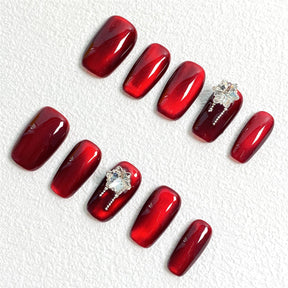 Chic Handmade Dark Red Cat Eye Flash Diamond Fall Nails, Versatile Short Nail Patches