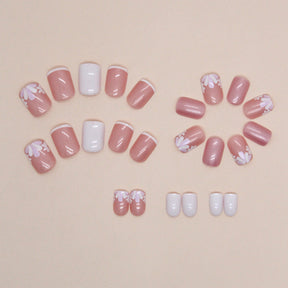 Short White French Aurora Pink Petal Nails, Ins Style