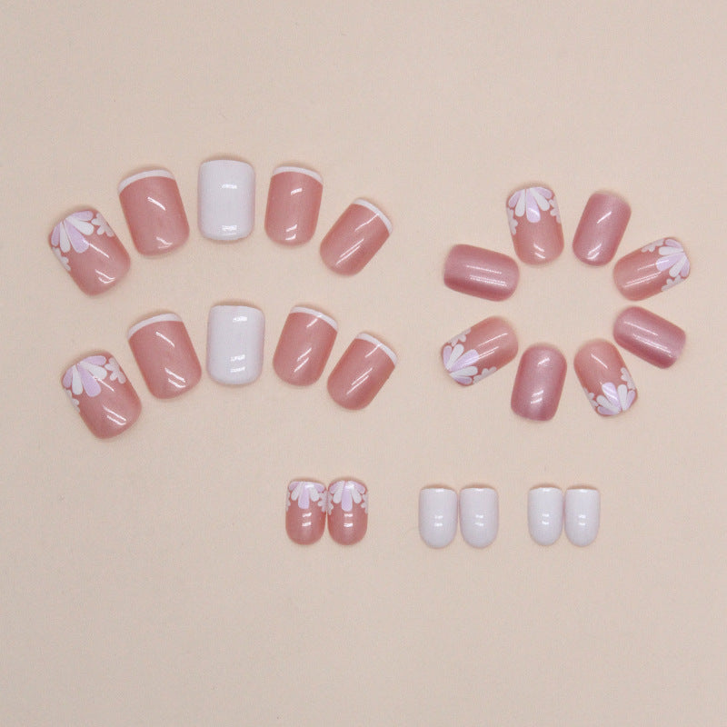 Short White French Aurora Pink Petal Nails, Ins Style