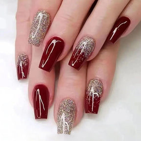 Flashy Gold Glitter Wine Red Bride Nails, Medium Length for Festivals