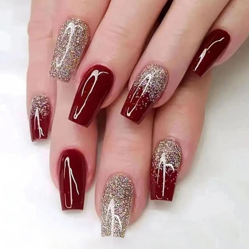 Flashy Gold Glitter Wine Red Bride Nails, Medium Length for Festivals